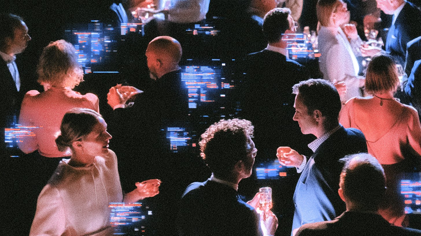 A crowded evening reception, guests in conversation lit by floating panels of security telemetry
